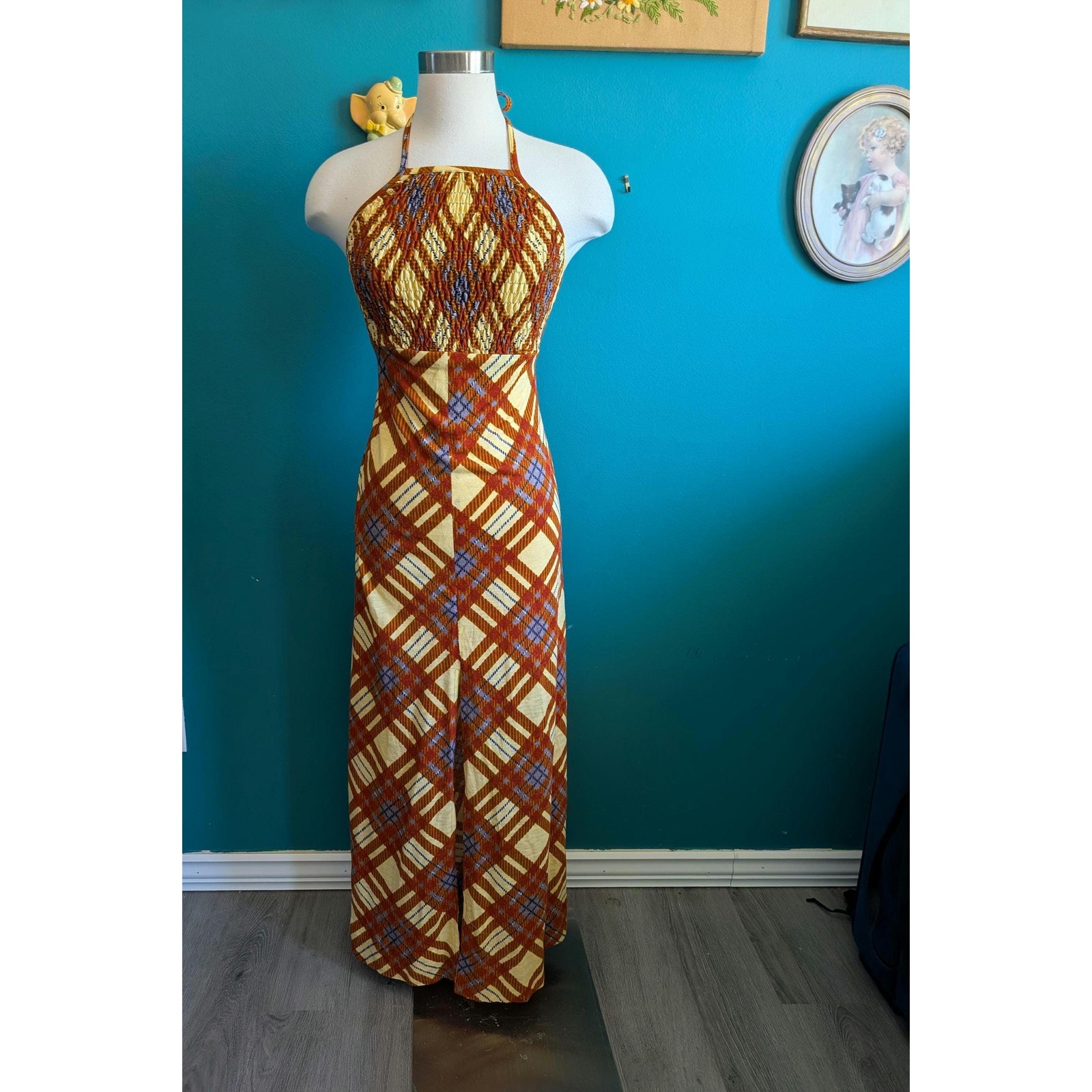 Vintage 60s 70s Plaid Smocked Halter Maxi Dress Brown And Yellow Size Small